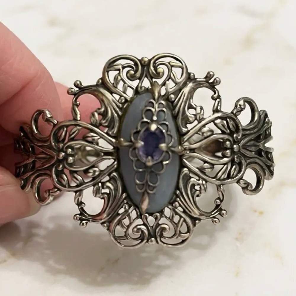 Ornate Sterling Silver Bracelet with Blue Tanzanite Center Stone